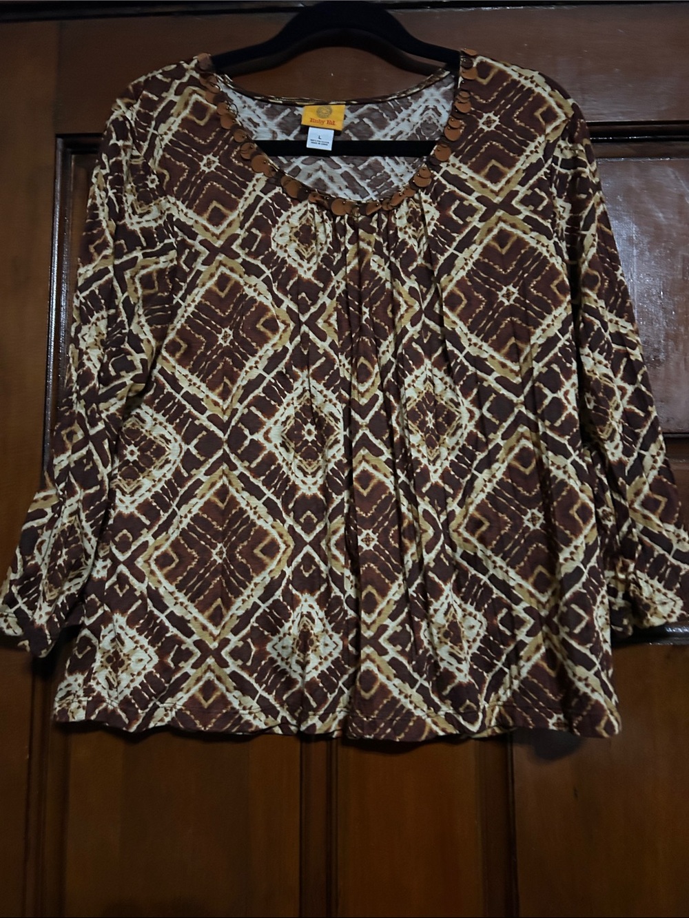 Ruby Rd. Brown and Cream Geometric Print Womenβs Top